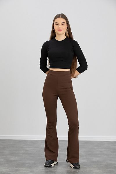 Dream Style Pantaloni de damă, maro, cu picioare evazate, din țesătură creponată, cu talie înaltă, din lycra