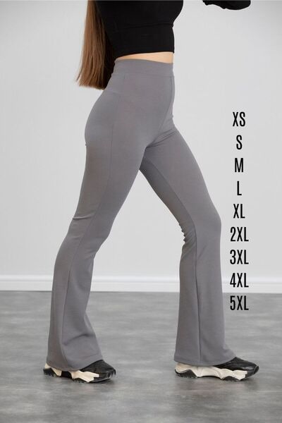 Dream Style بنطلون نسائي من قماش الكريب ذو الساق المسطحة باللون الرمادي بخصر عالٍ من الليكرا