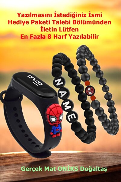 Ct 3'lü Set Örümcek  Figürlü  Led Çocuk Saati - Oniks Doğaltaş Figürlü Bilekl...