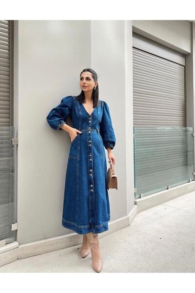 Afiş Butik فستان رياضي أزرق أنيق مزين بأزرار وجيب من قماش الدنيم