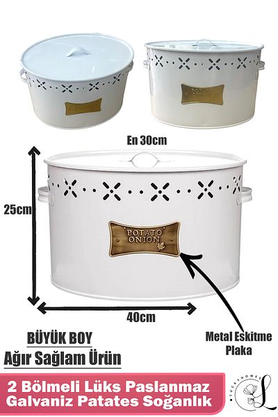 LUCKYHOMES Luxury Stainless Galvanized Potato and Onion Holder 2 Compartments Metal Potato Onion Bucket White 18 Lt