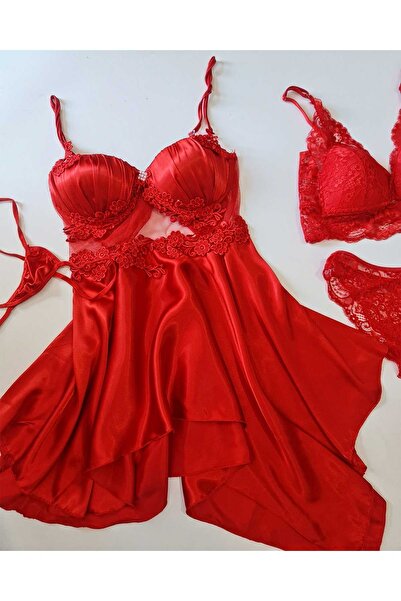 Çeyize dair herşey Passion red satin 4-piece nightgown set 6602
