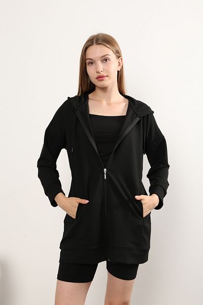 LUQAJ Black Modest Lycra Hooded Sweatshirt - Long Zipper, Lux Pocket Hijab Tunik