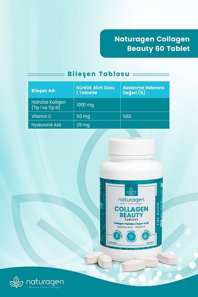 Naturagen Collagen 2x60 Tablets - Hydrolyzed Collagen Type (TYPE 1&TYPE 3), Clary Collagen, Hyaluronic Acid & Vitamin C