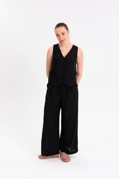 Su Moda Women's Linen Plazzo Pocket Wide Leg High Waist Trousers