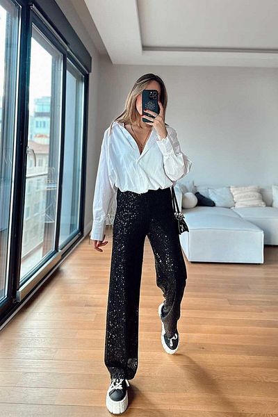 BEBE PLUS Women's Black Elastic Waist and Sequin Sequin Design Loose Trousers