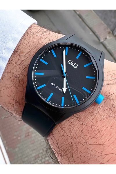 Q&Q Black Silicone - Sports Wristwatch with Blue Pin and White Detail