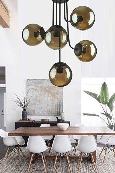 Ömür Avize Vera Modern Tasarım Globe Siyah Kasa Fme Camlı Beşli Avize