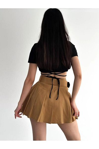 Winmoda34 Γυναικεία Μίνι φούστα με χοντρή ζώνη βιζόν με λεπτομέρεια πλισέ σορτς