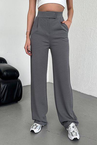 Warasiva Stretchy Gray Palazzo Trousers with High Waist and Velcro Closure - Women