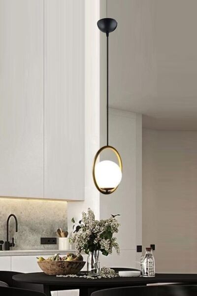 Ömür Avize Agora Modern Siyah Eskitme Kasa Beyaz Kapalı Camlı Tekli Avize