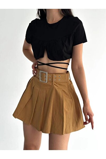 Winmoda34 Women's Mink Thick Belt Detailed Pleated Shorts Lined Mini Skirt