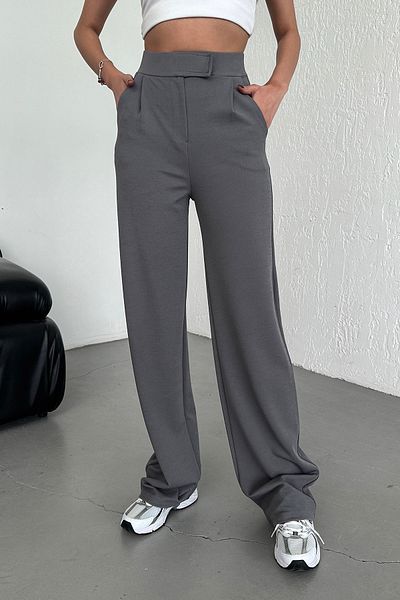 Warasiva Stretchy Gray Palazzo Trousers with High Waist and Velcro Closure - Women