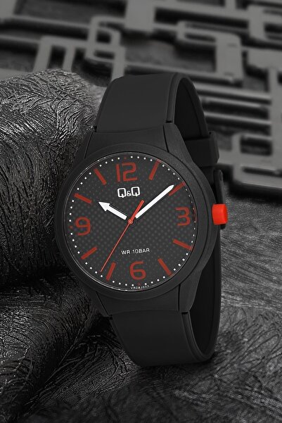 Q&Q Black SiliconeUnisexSports Watch - Red Number Display, White Detail, Light Handle