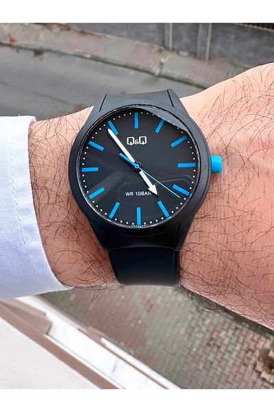 Q&Q Black Silicone - Sports Wristwatch with Blue Pin and White Detail