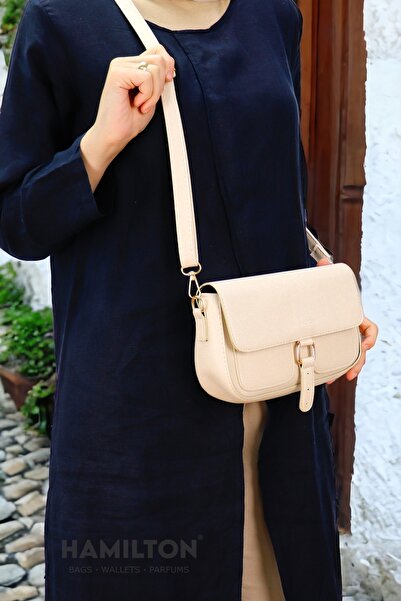 HAMILTON Original Women's Card Holder Cream Cross Adjustable Strap Lined Leather Baguette Daily Shoulder Bag