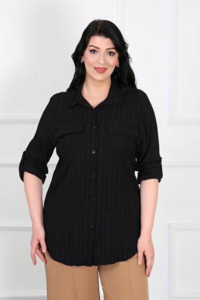 By Alba Collection Γυναικείο πουκάμισο μαύρο ζαρωμένο ύφασμα μεγάλου μεγέθους