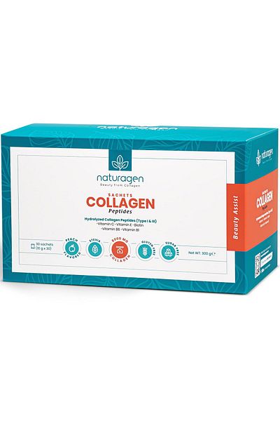 Naturagen Collagen Beauty 30-Pack Sachet Peach Flavored Type 1 & Type 3 - 8,000 Mg Hydrolyzed Powder Collagen