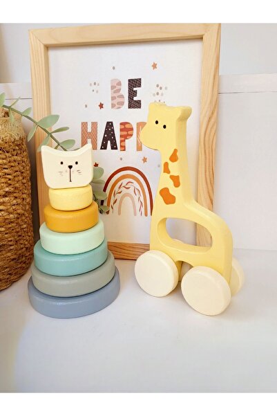 tinyminywoods Bebeğimin Ilk Oyuncakları Ahşap Dekor Oyuncak Sevimli Zürafa (SARI) Ve Kedili Halka Kule(MAVİ)