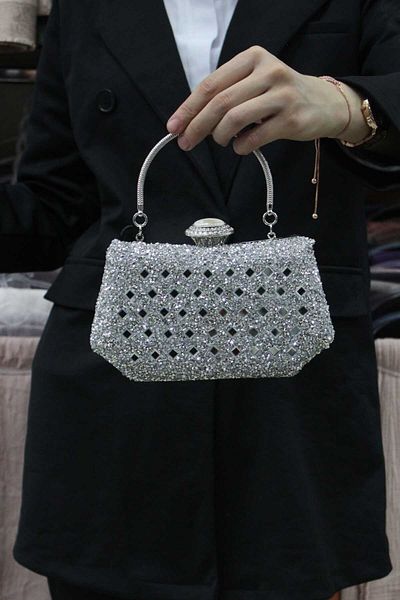 ROZA CANTA Γυναικεία Ασημένια Πέτρα Βραδινό Φόρεμα Clutch Τσάντα Portfolio