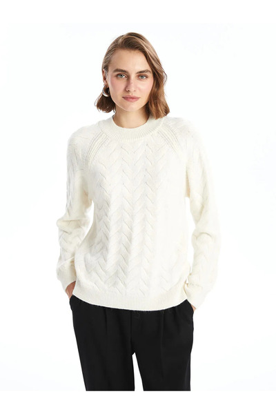 LC Waikiki LCWAIKIKI Basic Ekru Bisiklet Yaka Kendinden Desenli Kadın Triko Kazak