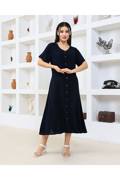 HANIMCA GİYİM Viscose Women's Dress - Buttoned and Belted, Half Sleeve