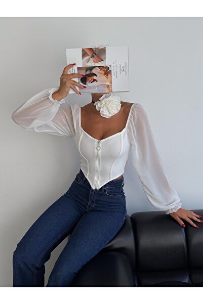 aytenli Οθωμανική μπλούζα σιφόν με φερμουάρ μπροστά ελαφριά τριγωνική κοπή