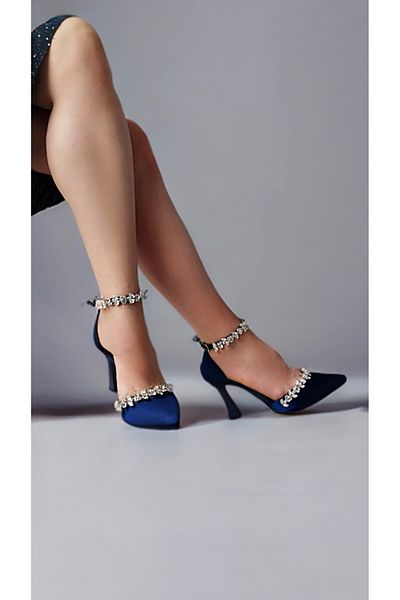 Modavien Navy Blue Stoned Satin Women's Evening Dress Shoes - 355