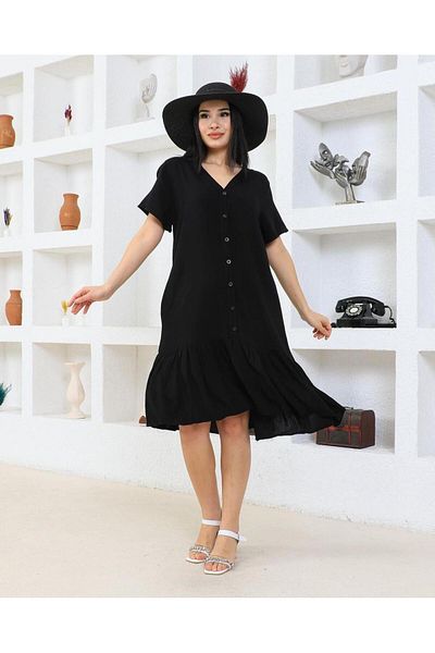 HANIMCA GİYİM Viscose Women's Dress - Buttoned and Ruffled, Half Sleeve