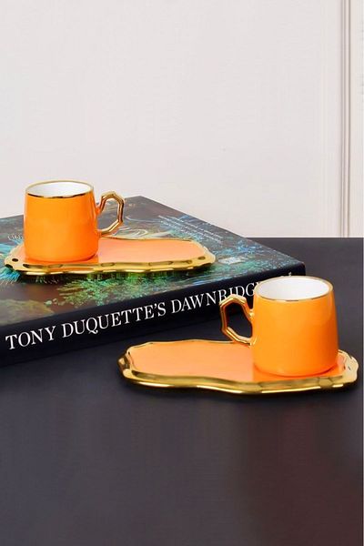 LEMİ DEKORASYON Coffee Cup Set for 2 People with Presentation Plate