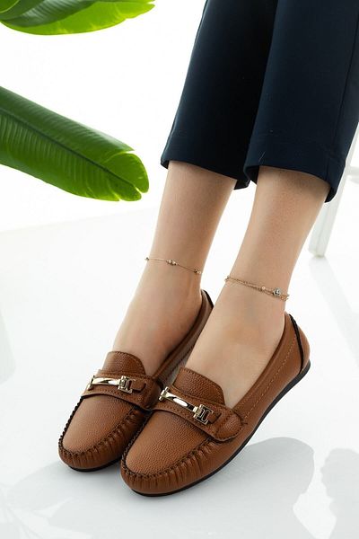 Modafırsat Damen-Flats, hellbraune Kettenschnalle, leichte, bequeme Sohle, stilvolle Freizeitschuhe