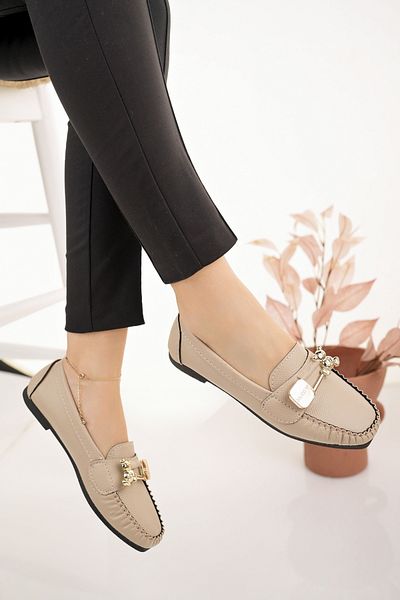 Modafırsat Women's Ballerinas Beige Buckle Lightweight Comfortable Stylish Business Office Daily Shoes
