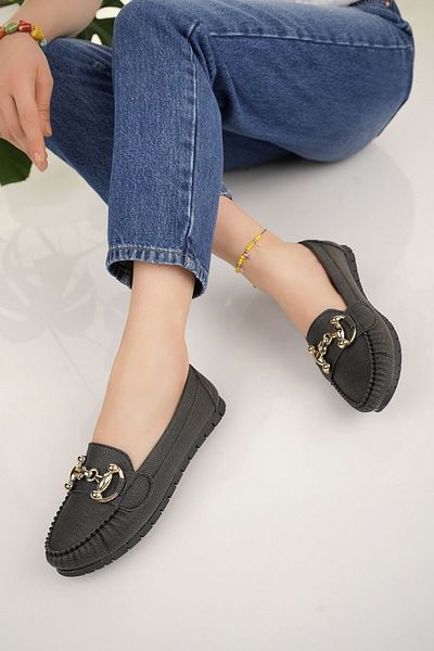 Modafırsat Women's Flats Black Chain Buckle Lightweight Comfortable Sole Stylish Casual Shoes