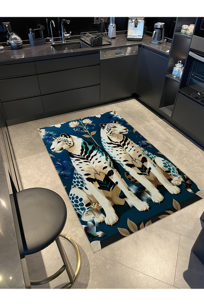 Rugs Modern Halı Lotus Flower Detailed Two White Tiger Patterned Modern Decor...