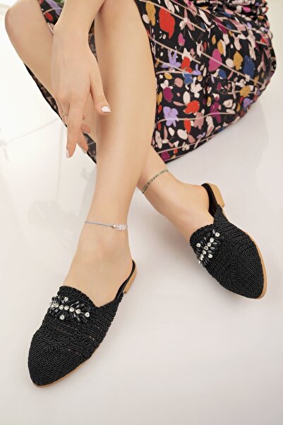 Modafırsat Women's Black Jewelled Slippers Closed Front Lace Knitwear Knitted Stone Detailed Stylish Dowry Home Beach Vacation Slippers