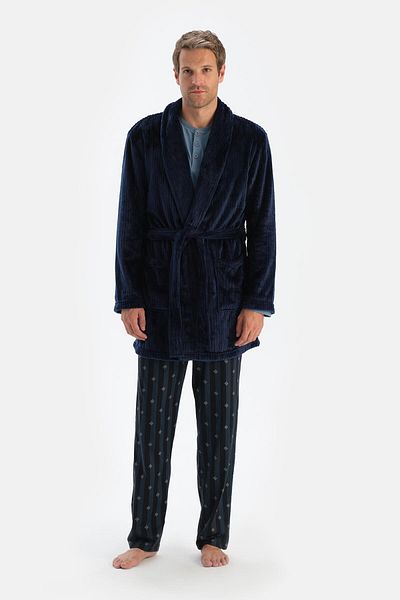 Dagi Marineblauer Fleece-Morgenmantel – Streifendesign