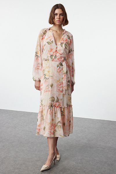 Trendyol Collection Floral Print - Πούδρα μίντι φόρεμα με φούστα και φύλλο TWOAW24EL00356