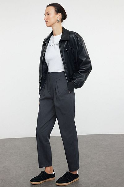 Trendyol Collection Carrot Pattern - Stripe Detailed Anthracite Cotton Trousers TWOAW22PL0342