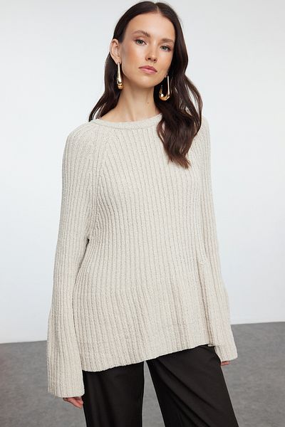 Trendyol Collection Stone More Sustainable Pulover din tricot din bumbac cu model lat și detaliu peplum TWOAW25KZ00305