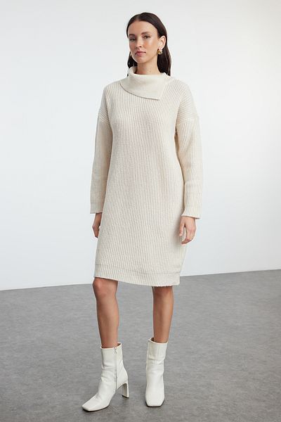 Trendyol Collection Μίνι πλεκτό φόρεμα με κολάρο - στρας, απαλή υφή TWOAW25EL00020