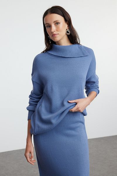 Trendyol Collection Indigó garbós kötöttáru - széles szabású TWOAW25AU00009