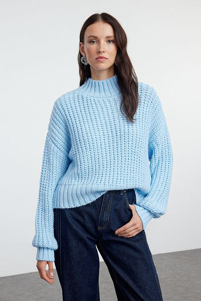 Trendyol Collection Pulover crop pentru tricotaje albastre - Textura moale si detalii tricotate groase TWOAW25KZ00061