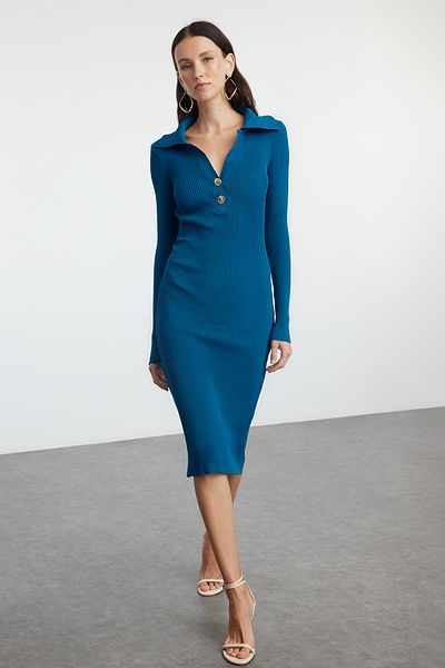 Trendyol Collection Rochie tricotată midi cu gât polo - Culoare Petrol, TWOAW24EL00030