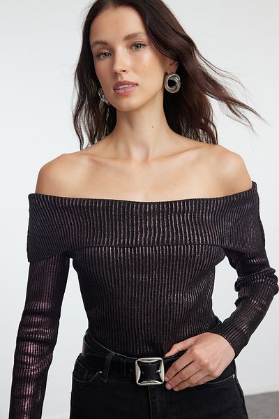 Trendyol Collection Carmen Collar Plum kötött pulóver - aranyozott, TWOAW25KZ00152