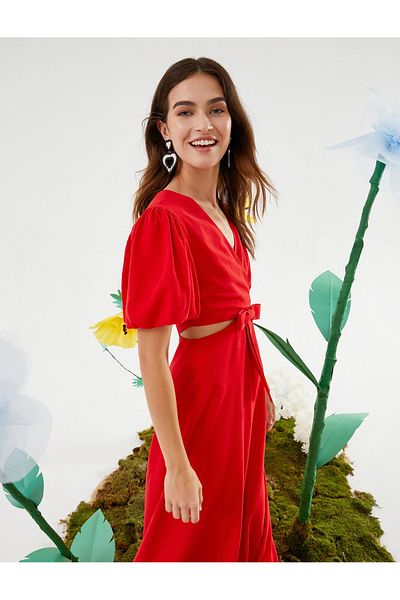 Koton Linen Blended Long Dress with Window Detail