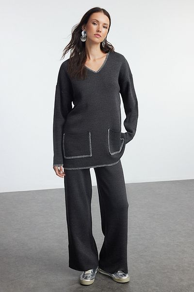 Trendyol Modest Anthracite Knitwear Top and Bottom Set - Shepherd's Stitch Detailed TCTAW25US00042