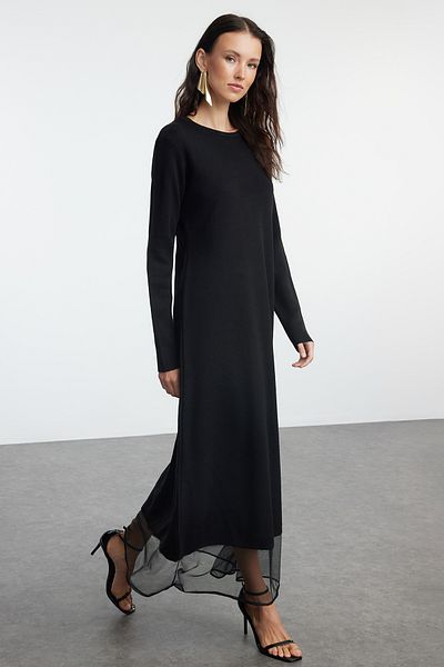 Trendyol Modest Detailní černé úpletové šaty z tylu - TCTAW25EB00038
