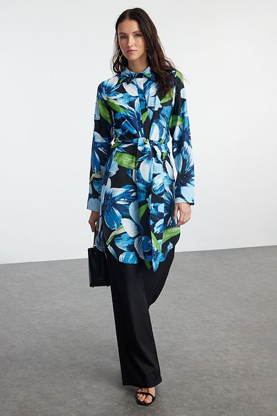 Trendyol Modest Cămașă Seersucker țesută cu model albastru TCTSS24TG00069