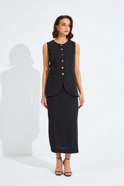 Tuba Butik Black Linen Blended Vest and Skirt Set
