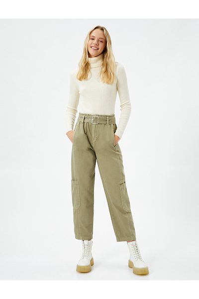 Koton Cargo Pants Belted Gabardine Fabric Pocket Cotton